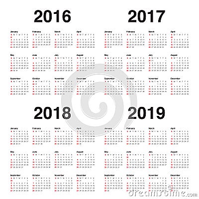 Calendar 2016 2017 2018 2019 Vector Illustration