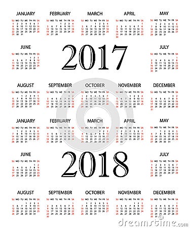 Calendar 2017-2018. Simple Calendar template for year 2017-2018. White background. Vector illustration Vector Illustration