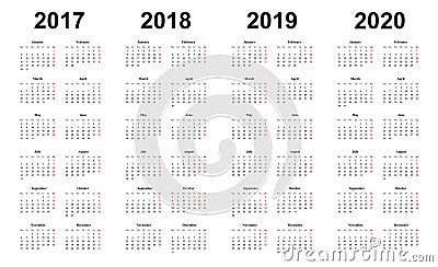 Calendar 2017, 2018, 2019, 2020, simple design, sundays marked red Vector Illustration