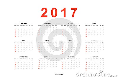 Calendar 2017 simple template for printing in english. Vector Illustration