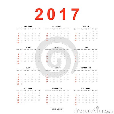 Calendar 2017 simple template for printing in english. Vector Illustration