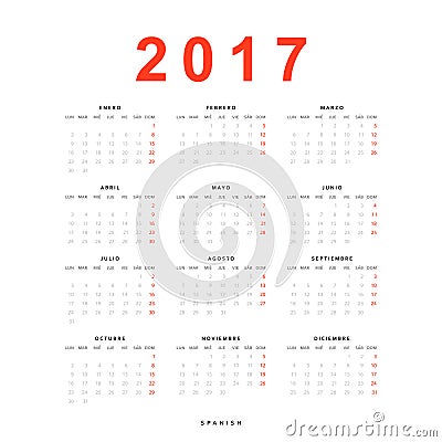 Calendar 2017 simple template for printing in Spanish. Vector Illustration