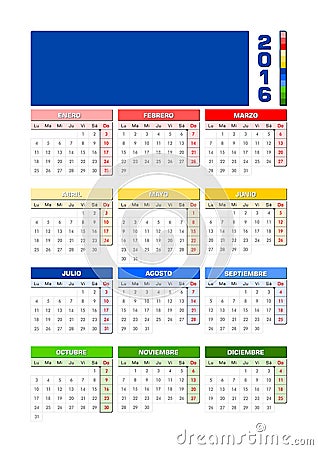 Calendar 2016 Spanish, colored seasons for Southern hemisphere Vector Illustration