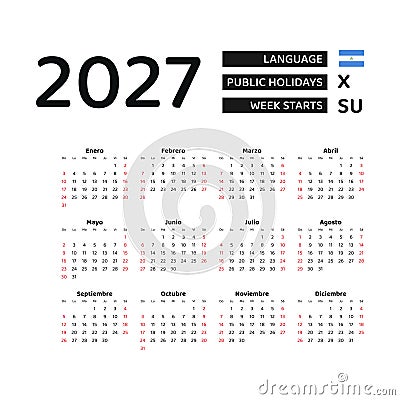 Calendar 2027 Spanish language with Nicaragua public holidays. Vector Illustration