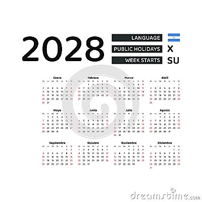 Calendar 2028 Spanish language with Nicaragua public holidays. Vector Illustration