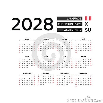 Calendar 2028 Spanish language with Peru public holidays. Vector Illustration