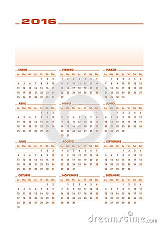 Calendar 2016 Spanish Vector Illustration