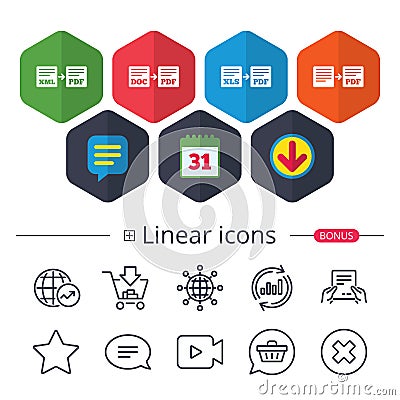 Export file signs. Convert DOC to PDF symbols. Vector Illustration