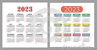 Calendar 2023. Square vector calender design template. English colorful set. Week starts on Sunday. New year. January Vector Illustration