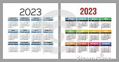 Calendar 2023. Square vector calender design template. English colorful set. Week starts on Sunday. New year. January Vector Illustration