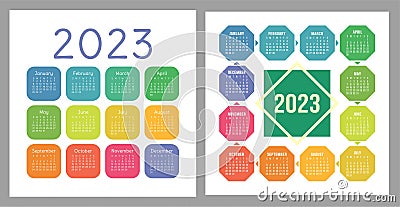 Calendar 2023. Square vector calender design template. English colorful set. Week starts on Sunday. New year. January Vector Illustration