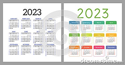 Calendar 2023. Square vector calender design template. English colorful set. Week starts on Sunday. New year. January Vector Illustration