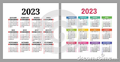 Calendar 2023. Square vector calender design template. English colorful set. Week starts on Sunday. New year. January Vector Illustration