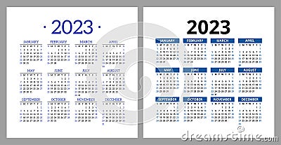 Calendar 2023. Square vector calender design template. English set. Week starts on Sunday. January, February, March Vector Illustration