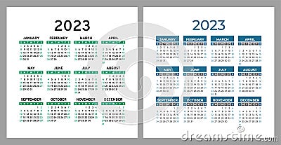 Calendar 2023. Square vector calender design template. English set. Week starts on Sunday. New year. January, February Vector Illustration