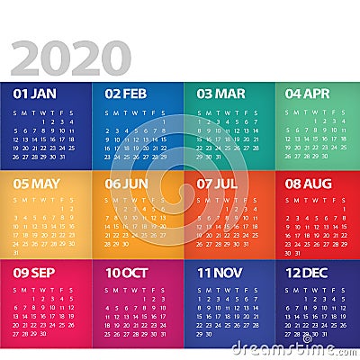 2020 Calendar Starts on Sunday Modern colorful bright Stock Photo