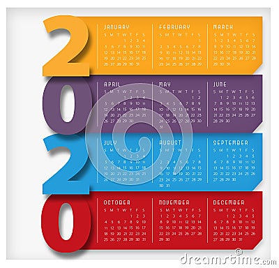 2020 Calendar Starts on Sunday Modern Colorful Stock Photo