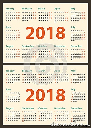 Calendar for 2018 starts sunday and monday, vector calendar design 2018 year Vector Illustration