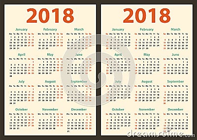 Calendar for 2018 starts sunday and monday, vector calendar design 2018 year Vector Illustration