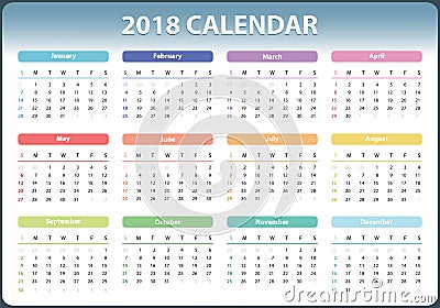 Calendar for 2018 starts sunday, vector calendar design 2018 year Vector Illustration