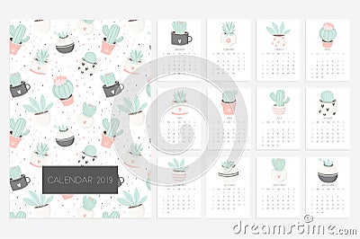 Calendar 2019. Fun and cute calendar with hand drawn succulents and cactus plants Vector Illustration