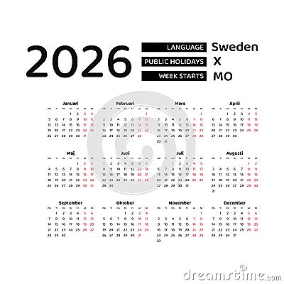 Calendar 2026 Swedish language with Sweden public holidays. Vector Illustration