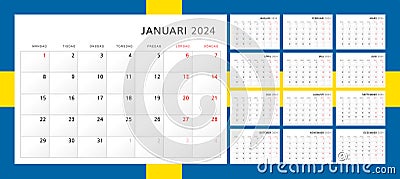 Calendar 2024 in Swedish. Wall quarterly calendar for 2024 in classic minimalist style. Week starts on Monday. Set of 12 months. Vector Illustration