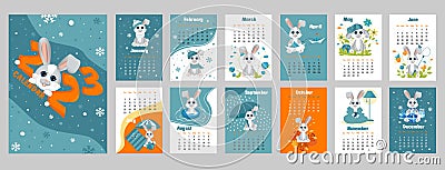 Calendar 2023 with symbol of the year hare (rabbit). Week starts on Sunday. Vector Illustration