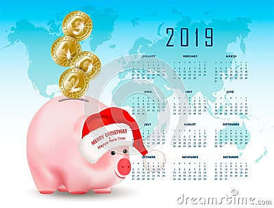 Calendar with Symbolic shiny metal golden coins with numbers 2019 falling into money pig bank. Santa Claus hat with greetings. Con Cartoon Illustration