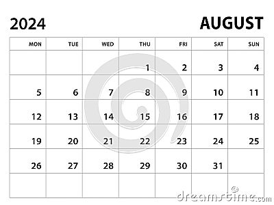 Calendar 2024 template - August 2024 vector on white background, week start on monday, Desk calendar 2024 year, Wall calendar Vector Illustration