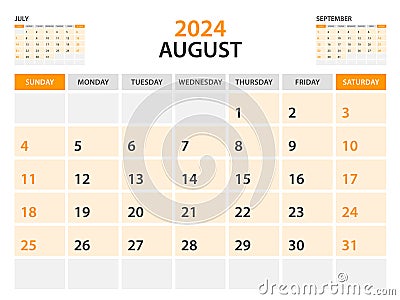 Calendar 2024 template- August 2024 year, monthly planner, Desk Calendar 2024 template, Wall calendar design, Week Start On Sunday Vector Illustration