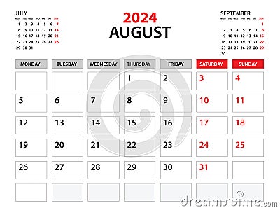 Calendar 2024 template, August 2024 year, planner template, monthly and yearly planners, week start monday, wall calendar design, Vector Illustration