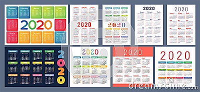 Calendar 2020 template. Calender design set. Vector square, horizontal and vertical layout. Colorful English collection. Week Vector Illustration