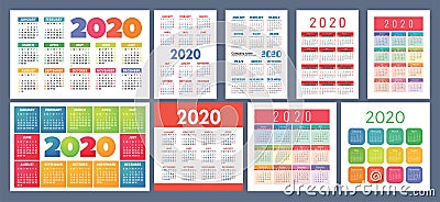 Calendar 2020 template. Calender design set. Vector square, horizontal and vertical layout. Colorful English collection. Week Vector Illustration