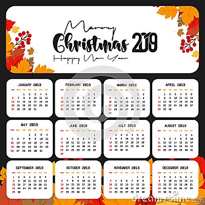 2019 Calendar template. Christmas and Happy new Year Background Vector Illustration