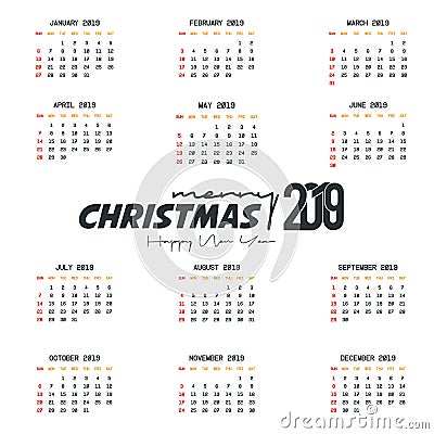2019 Calendar template. Christmas and Happy new Year Background Vector Illustration