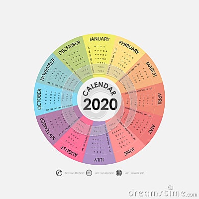 2020 Calendar Template.Circle calendar template.Calendar 2020 Set of 12 Months.Starts from Sunday.Yearly calendar vector design Vector Illustration