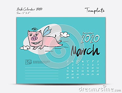 Calendar 2020 template with Cute Pig vector illustration, March, Chinese desk calendar 2020, Lettering calendar, hand drawn pigs Vector Illustration