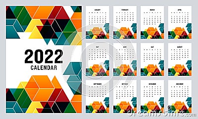 Calendar template design for 2022, printable monthly planner decorative with colorful isometric shape Vector Illustration