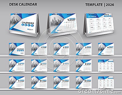 Calendar 2026, 2027, 2028 template, Desk calendar 2026 design, Wall calendar 2026 year, 3d calendar mockup, Blue cover design Vector Illustration