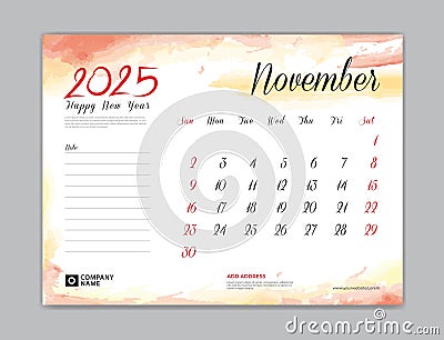Calendar 2025 template, Desk Calendar 2025 template, November 2025, week start on sunday, Wall calendar, planner, stationery, Vector Illustration