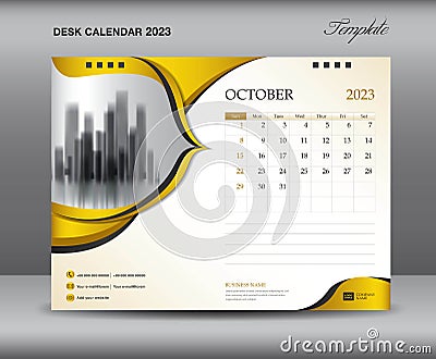 Calendar 2023 template on gold backgrounds luxurious concept, October 2023 template, Desk calendar 2023 design, Wall calendar Vector Illustration