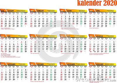 Calendar template for Indonesia 2020 Stock Photo