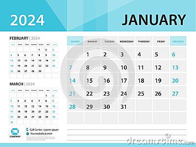 Calendar 2024 template, January 2024 year, Desk Calendar 2024 template, Week Start On Sunday, Wall calendar design, Planner layout Vector Illustration