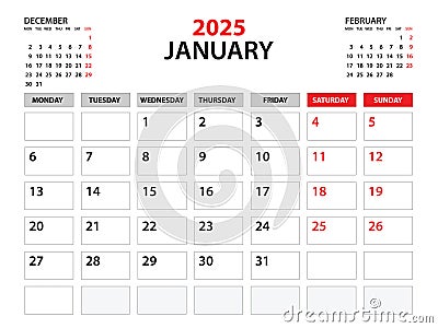 Calendar 2025 template, January 2025 year, planner template, monthly and yearly planners, week start monday, wall calendar design Vector Illustration