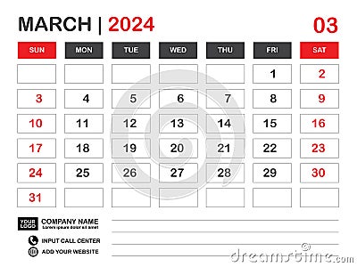 Calendar 2024 template, March 2024 layout, Desk calendar 2024 year, Wall calendar design, Week starts on sunday, Planner, Printing Vector Illustration