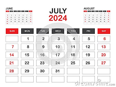 Calendar 2024 template minimal style, July 2024 template, Desk calendar 2023 year, Wall calendar, Week starts on sunday, Planner, Vector Illustration