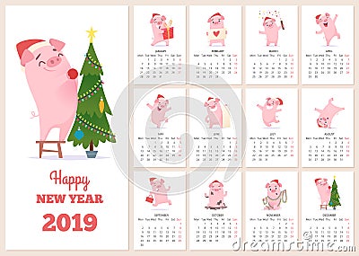 2019 calendar template. New year celebration pig character at design calendar planner pages vector layout diary months Vector Illustration