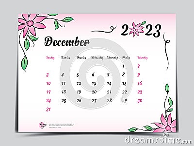 Calendar 2023 template on pink flowers background, December 2023 template, Monthly calendar planner artwork, Desk calendar 2023 Vector Illustration
