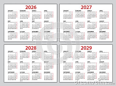 Calendar 2026, 2027, 2028, 2029 template, Planner 2026, 2027, 2028, 2029 year Vector Illustration